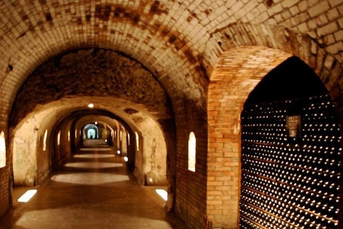 A brick-vaulted cellar gallery with bottles stacked in its arched bays